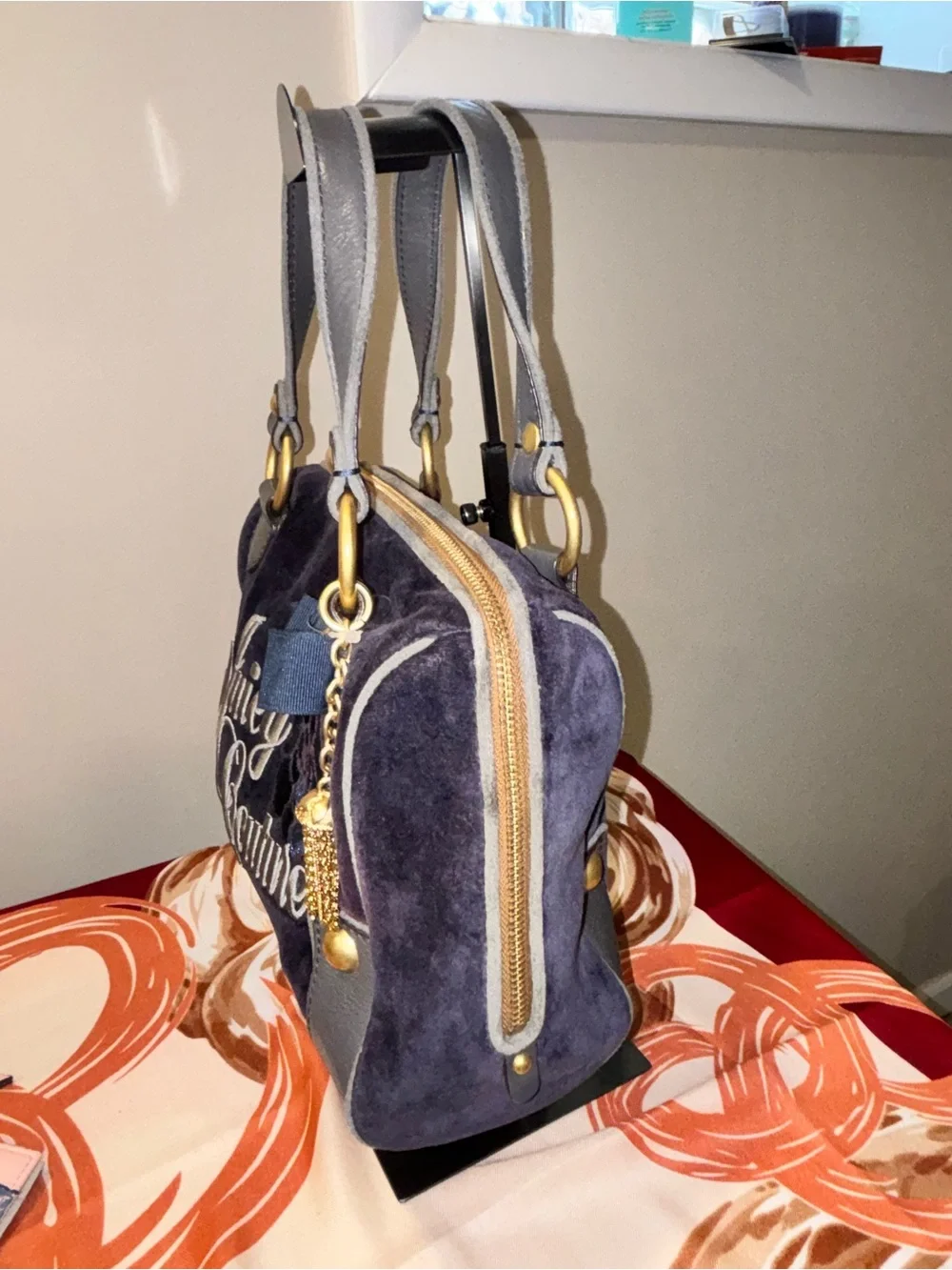 Juicy Couture Navy Blue Velour Handbag, NWT & Wallet Bundle, Preowned